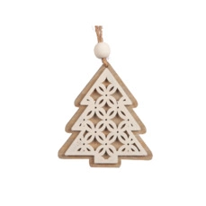Kersthangers Zakje á 8 wooden trees/hanging grey/white 10cm
