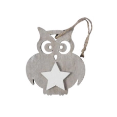 pb. 8 wooden owls/hanging grey/white 7 cm