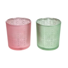 moederdag Tealight holder glass 7.3x7.3x8cm 1pc Pink/Green mixed