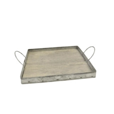 schalen Dienblad vierkant zink/hout met oren 22x22x2/5,5cm grey-wash