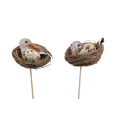 paasartikelen kopen Doos á 6 nestjes met vogel en ei op stok natural Ø 7cm