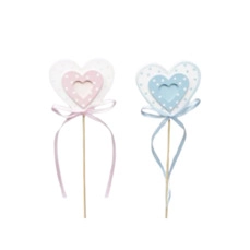cb. 8 wooden baby hearts/stick pink/blue 6x5.5cm